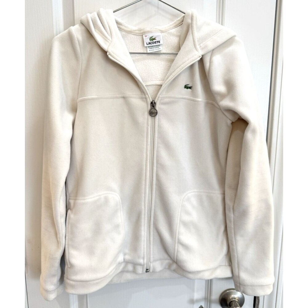 Lacoste Fleece Jacket Womens Sz 34 Cream Full Zip Fleece Casual Hooded Small